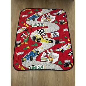 Vtg Disney Mickey Mouse Toddler Crib Quilt Blanket Race Car Kids Baby 37”x51”